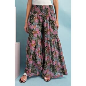 Ee:some Floral Wide Leg Boho Pants Smocked Waist Tiered Chiffon Size M